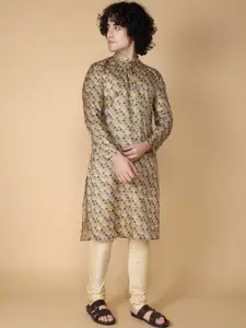 NAMASKAR Geometric Printed Mandarin Collar Pure Silk Kurta With Churidar