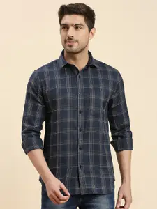 encore by INVICTUS Navy Blue & Beige Tartan Checked Original Slim Fit Twill Casual Shirt