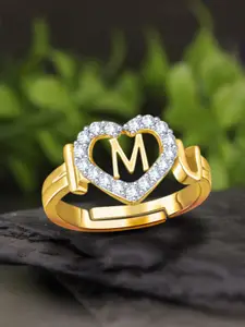 MEENAZ Gold-Plated AD-Studded Alphabet M Adjustable Finger Ring