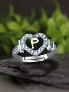 MEENAZ Silver-Plated AD-Studded Alphabet P Adjustable Finger Ring