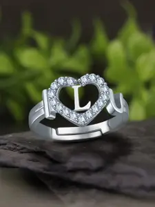 MEENAZ Silver-Plated AD-Studded Alphabet L Adjustable Finger Ring