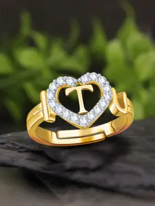 MEENAZ Gold-Plated AD-Studded Alphabet T Adjustable Finger Ring