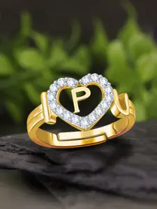 MEENAZ Gold-Plated AD-Studded  Alphabet P Adjustable Finger Ring