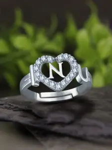 MEENAZ Silver-Plated AD-Studded Alphabet N Adjustable Finger Ring