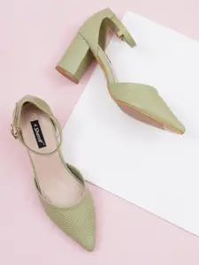 Sherrif Shoes Textured Pointed Toe Block Pumps With Ankle Loop