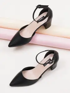Sherrif Shoes Textured Pointed Toe Block Pumps With Ankle Loop