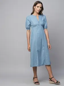 Chemistry Denim Puff Sleeves Gathered Detailed Empire Midi Dress