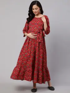 Nayo Maroon Geometric Printed Cotton Maternity Feeding Fit & Flare Dress