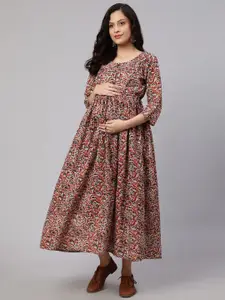 Nayo Beige Paisley Printed Cotton Maternity Feeding A-Line Dress