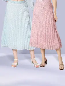 NUEVOSDAMAS Pack Of 2 Floral Printed Georgette Midi Skirts