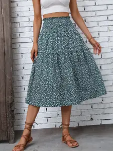 StyleCast Green Floral Printed Tiered Midi Skirt