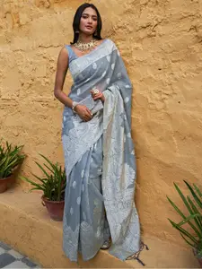 Janasya Grey & Silver-Toned Floral Woven Design Zari Saree