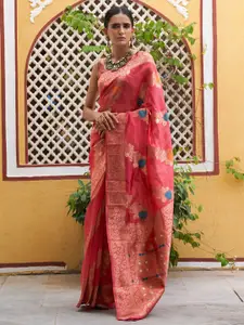 Janasya Floral Woven Design Zari Organza Kanjeevaram Saree