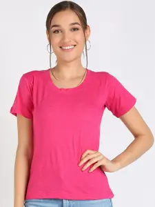 VAHSON Women Pink Polo Collar Pure Cotton Pockets Slim Fit T-shirt