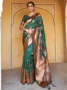 Janasya Green & Copper-Toned Floral Woven Design Zari Banarasi Saree