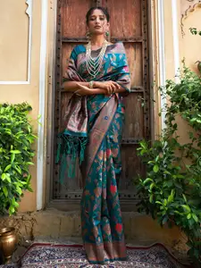 Janasya Teal Green & Gold-Toned Floral Woven Design Zari Banarasi Saree