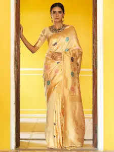 Janasya Cream-Coloured & Blue Ethnic Motifs Woven Design Zari Banarasi Saree