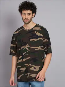 PEPPYZONE Men Khaki Camouflage Printed Pockets Loose T-shirt