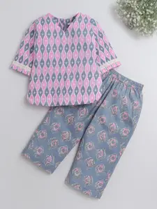 The Magic Wand Girls Ethnic Printed Pure Cotton Night Suit