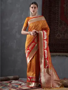 Mitera Orange & Gold-Toned Ethnic Motifs Woven Design Zari Silk Blend Banarasi Saree
