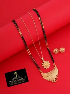 JEWEL WORLD Gold-Plated Beaded Mangalsutra With Earrings & Chains