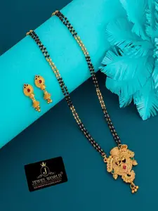 JEWEL WORLD Gold-Plated Stone Studded & Beaded Mangalsutra With Earrings
