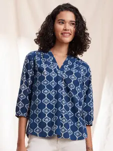 Pink Fort Ethnic Motifs Printed V-Neck A-Line Pure Cotton Top