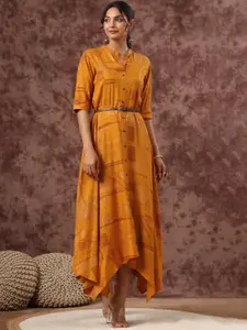 Juniper Ethnic Motifs Printed Fit & Flare Belted Asymmetric Maxi Ethnic Dress