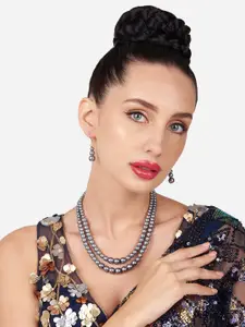 Zaveri Pearls Gold-Plated Double Layer Long Beaded Necklace & Earrings