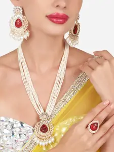 Zaveri Pearls Gold-Plated Kundan Studded & Beaded Necklace & Earrings With Ring