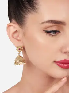 Zaveri Pearls Gold-Plated Stone-Studded & Beaded Dome Shaped Jhumkas