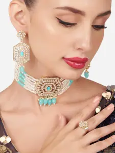 Zaveri Pearls Gold-Plated Beaded & Stone-Studded Necklace & Earrings