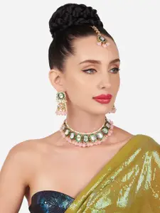Zaveri Pearls Gold-Plated Kundan-Studded & Beaded Meenakari Necklace & Earrings