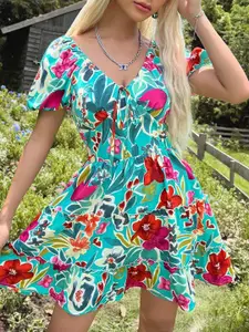 StyleCast Blue & Red Floral Printed V-Neck Tiered Fit & Flare Midi Dress