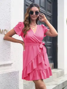 StyleCast Pink V-Neck Flutter Sleeves Ruffles Detail Wrap Dress