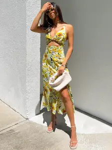 StyleCast Yellow Floral Printed Midi A-Line Dress