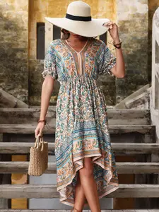 StyleCast Beige Floral Print Cuffed Sleeves A-Line Dress
