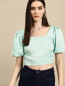 all about you Checked Puff Sleeves Square Neck Satin Crop Top