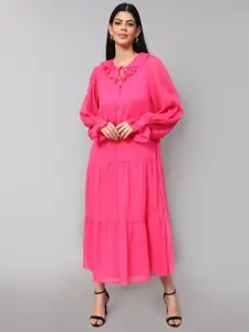 Amagyaa Tiered Detailed Tie-Up Neck Puff Sleeve Oversized Dress