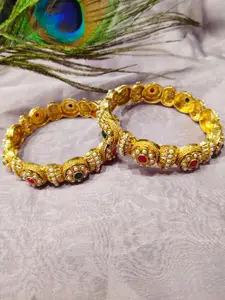 FEMMIBELLA Set Of 2 Gold-Plated Stone-Studded & Pearl Beaded Bangles