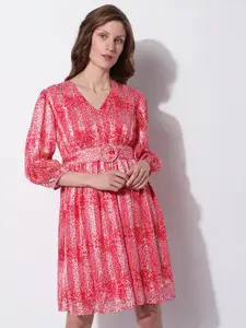 Vero Moda Graphic Printed V-Neck Puff Sleeves Belted Detail Fit & Flare Dress