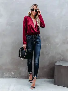 StyleCast Maroon Puff Sleeves V-Neck Wrap Top
