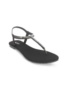 Metro  Embellished T- Strap Flats With Backstrap