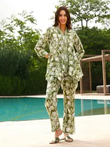 JISORA Green Floral Printed Pure Cotton Top & Trouser Co Ords