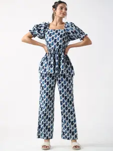 JISORA White & Blue Printed Pure Cotton Square Neck Top & Trouser