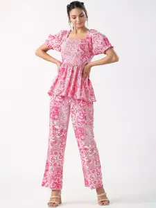 JISORA Pink Floral Printed Pure Cotton Top & Trouser Co Ords