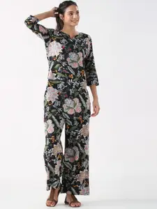JISORA Black Floral Printed Pure Cotton Top & Pyjamas Night Suits