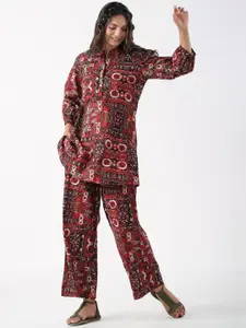 JISORA Printed Shirt Collar Cotton Top & Palazzo Kurta Set