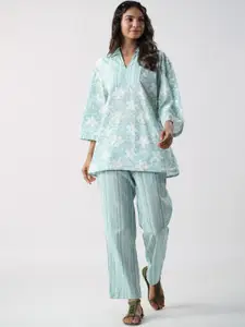JISORA Sea Green & White Floral Printed Shirt Collar Pure Cotton Top & Pyjama Night Suit