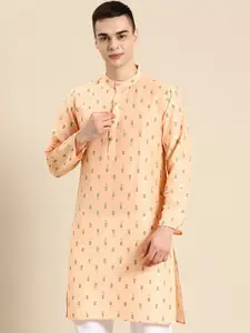 Anouk Peach Floral Printed Mandarin Collar Silk Cotton Kurta